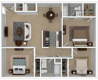 a 3d floor plan of a two bedroom apartment at The 10 West